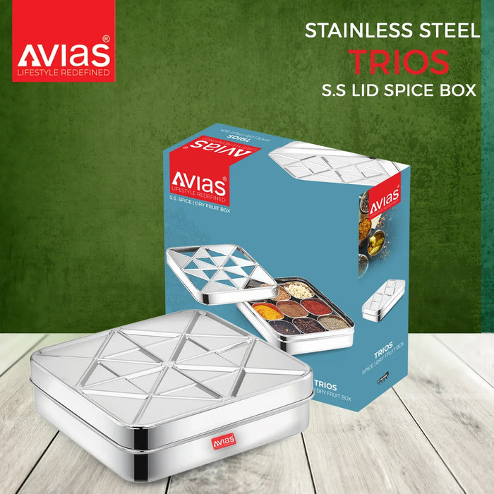 Trios 9 Square Dryfruit Cum Spice Box | Premium Quality Stainless Steel | Stainless Steel Lid | Rust Resistant | Masala Dani | Masala Dabba | Dryfruit Box | Spices Organiser