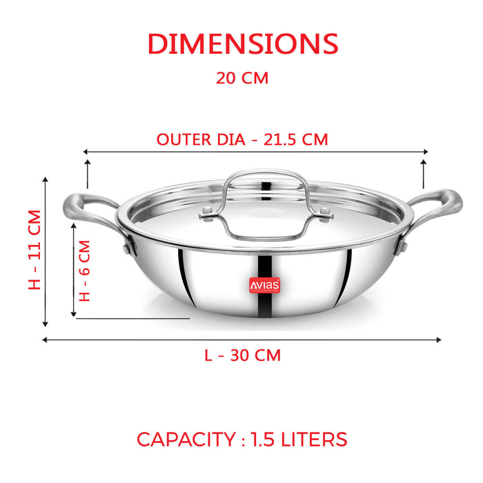 Riara Premium Stainless Steel Triply Kadai/ Kadhai With Lid | 3 Layer | Steel Casted Stay-Cool Handles | 2.5 Mm Thickness | Induction Base | 1.25L/ 1.5 L/ 1.75L