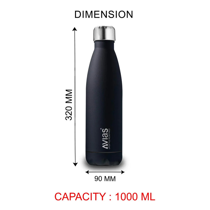 Evita Premium Stainless Steel Vacuum Insulated Flask Water Bottle| 1 Litre/ 750Ml | Black