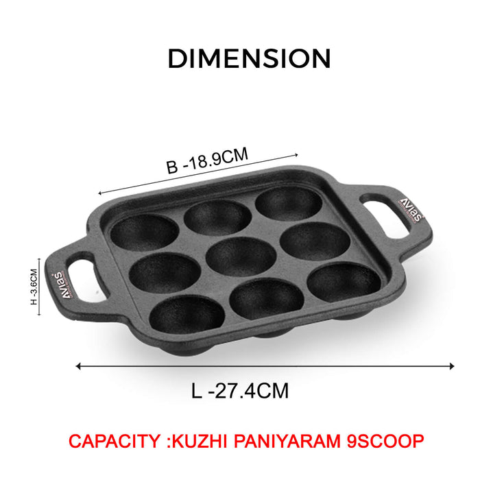 Cast Iron 9 Cavity Kuzhi Paniyaram Pan/ Kuzhi Paniyaram Kal/ Iron Paniyaram Pan Pre-Seasoned Cookware | 100% Natural & Toxin-Free