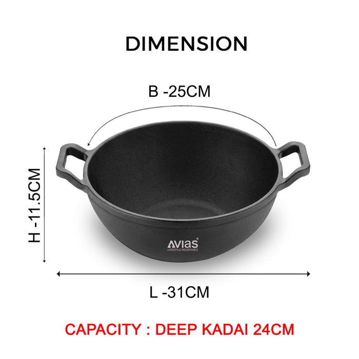 Cast Iron Deep Kadai/ Irumbhu Kadai/ Cast Iron Wok Pre-Seasoned Cookware | Induction Friendly | 100% Natural & Toxin-Free