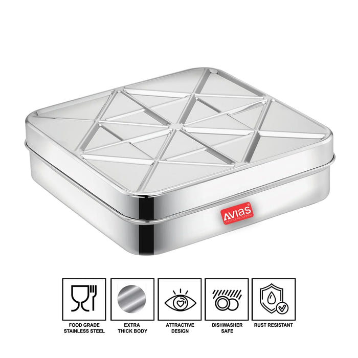 Trios 9 Square Dryfruit Cum Spice Box | Premium Quality Stainless Steel | Stainless Steel Lid | Rust Resistant | Masala Dani | Masala Dabba | Dryfruit Box | Spices Organiser