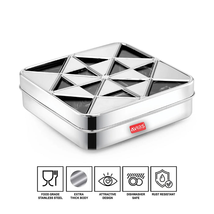 Trios 9 Square Dryfruit Cum Spice Box |Premium Quality Stainless Steel |See-Through Lid With Unbreakable Acrylic Sheet |Rust Resistant |Masala Dani |Masala Dabba |Dryfruit Box |Spices Organiser