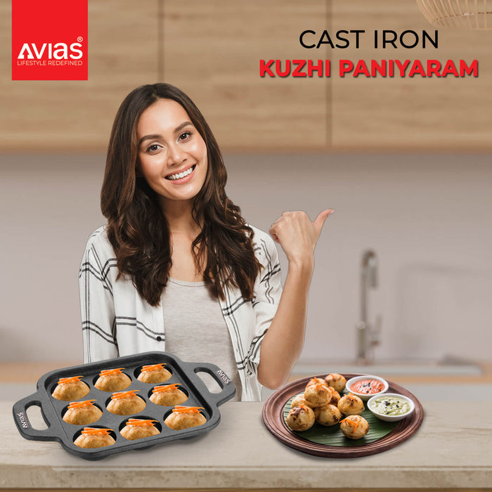 Cast Iron 9 Cavity Kuzhi Paniyaram Pan/ Kuzhi Paniyaram Kal/ Iron Paniyaram Pan Pre-Seasoned Cookware | 100% Natural & Toxin-Free