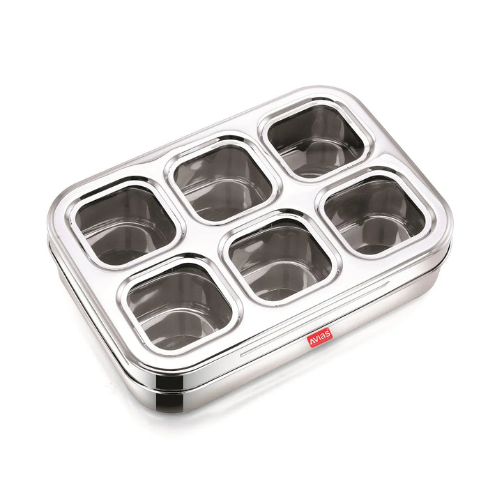 Stainless Steel Dry Fruit Cum Spice Box With 6 Square Compartments (Design) | See-Through Lid With Break Resistant Acrylic Sheet | High Durability | Masala Dani | Masala Dabba| Dryfruit Box | Organiser