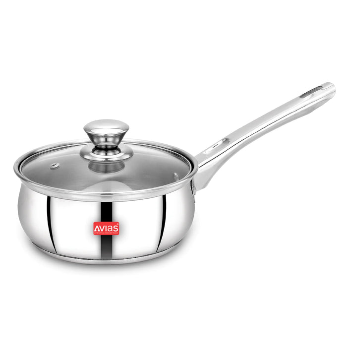 Inox Ib Stainless Steel Saucepan With Glass Lid | Premium Quality Stainless Steel With Sandwich Bottom | Cook And Serve | Induction And Gas Stove Friendly |14Cm/ 16Cm/ 18Cm | Silver