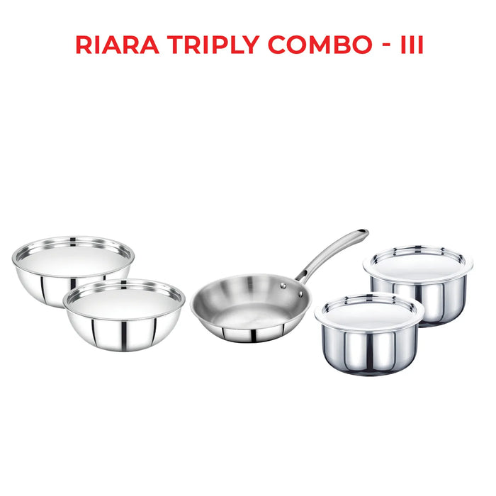 Triply Combo of  3 - Riara (Frypan 22Cm + Talsa 20Cm & 22Cm + Tope 14Cm & 16Cm) | Stainless Steel | 3 Layered Body | Induction Friendly