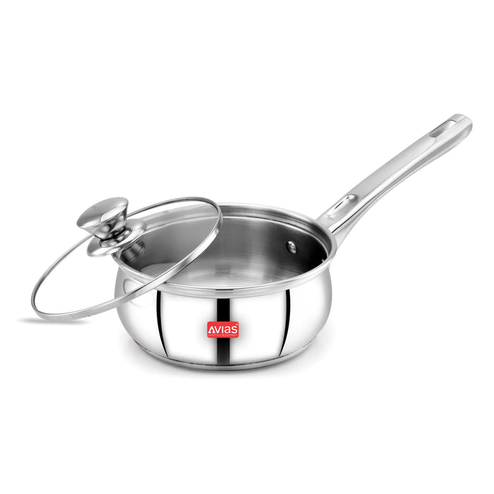 Inox Ib Stainless Steel Saucepan With Glass Lid | Premium Quality Stainless Steel With Sandwich Bottom | Cook And Serve | Induction And Gas Stove Friendly |14Cm/ 16Cm/ 18Cm | Silver