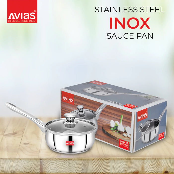 Inox Ib Stainless Steel Saucepan With Glass Lid | Premium Quality Stainless Steel With Sandwich Bottom | Cook And Serve | Induction And Gas Stove Friendly |14Cm/ 16Cm/ 18Cm | Silver