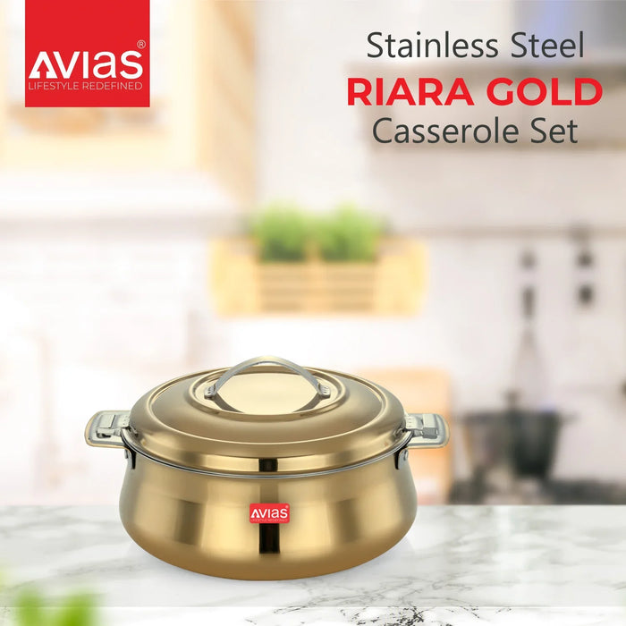 Riara Gold Premium Stainless Steel Casserole/ Hotpot/ Hot Case With Twist Lock With Sturdly Side Handles | Roti/ Chapati, Curry , Gravy, Rice Serveware | 1.5L/ 2.5L