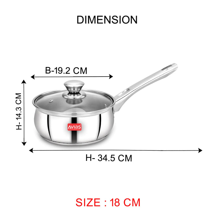 Inox Ib Stainless Steel Saucepan With Glass Lid | Premium Quality Stainless Steel With Sandwich Bottom | Cook And Serve | Induction And Gas Stove Friendly |14Cm/ 16Cm/ 18Cm | Silver