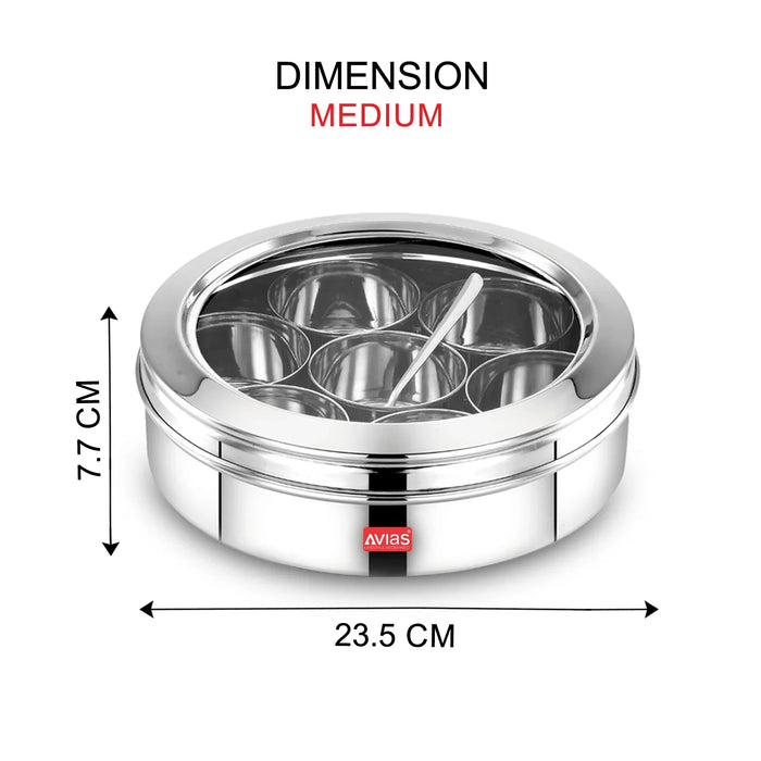 Stainless Steel Elegant Spice Box/Organiser With See-Through Lid For Kitchen | Rust Resistant Steel Masala Dabba | Masala Dani With 7 Compartments And Steel Spoon | Small/ Medium