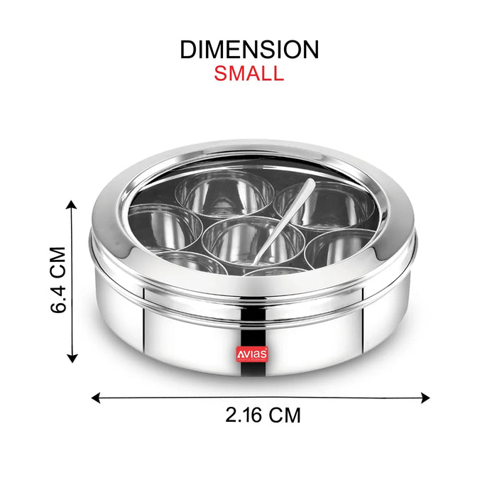 Stainless Steel Elegant Spice Box/Organiser With See-Through Lid For Kitchen | Rust Resistant Steel Masala Dabba | Masala Dani With 7 Compartments And Steel Spoon | Small/ Medium