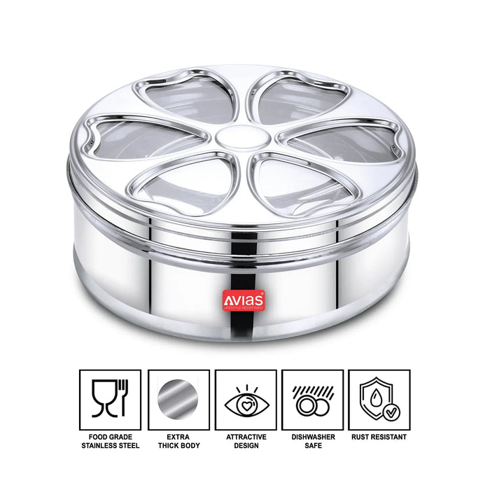 Stainless Steel Petal Spice Box/ Masala Dani/ Masala Dabba | See-Through Lid | Strong, Rust Resistant | Durable | Small/ Medium