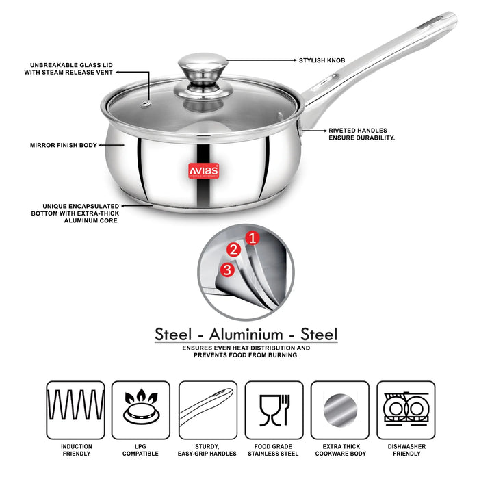 Inox Ib Stainless Steel Saucepan With Glass Lid | Premium Quality Stainless Steel With Sandwich Bottom | Cook And Serve | Induction And Gas Stove Friendly |14Cm/ 16Cm/ 18Cm | Silver