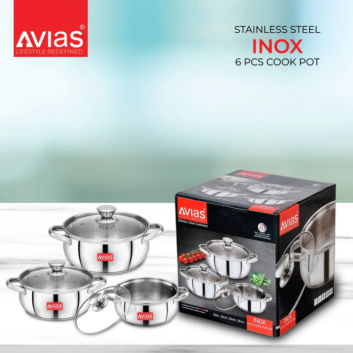 Inox Ib 6Pcs Cookpot Set | Sandwich Bottom | Robust And Highly Durable | Induction Friendly | Riveted Handles | 3 Pieces Of Cookpot + Glass Lid