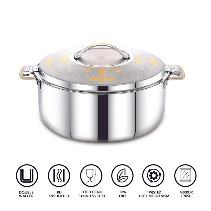 Emerald Premium Stainless Steel Casserole | Twist Lock | Easy Grip Handles | 24 Carat Gold | 2500Ml/3500Ml