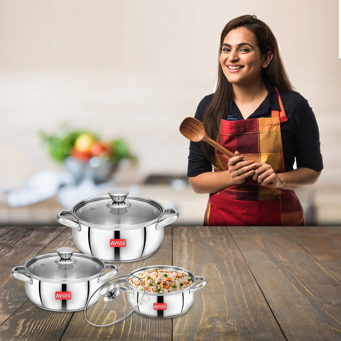 Inox Ib 6Pcs Cookpot Set | Sandwich Bottom | Robust And Highly Durable | Induction Friendly | Riveted Handles | 3 Pieces Of Cookpot + Glass Lid