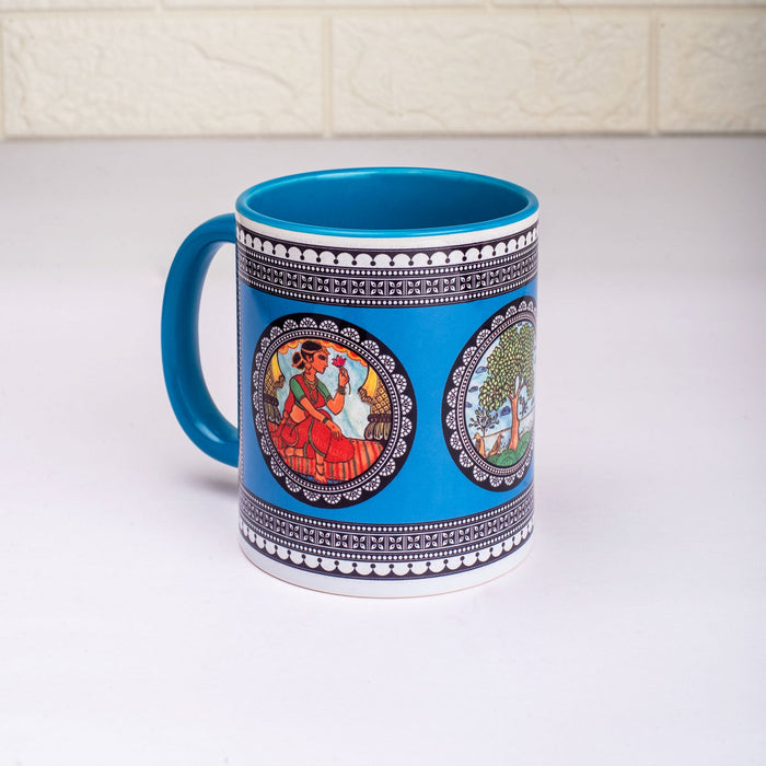 Ceramic Paripatra Pattachitra Mug with Coaster - Blue