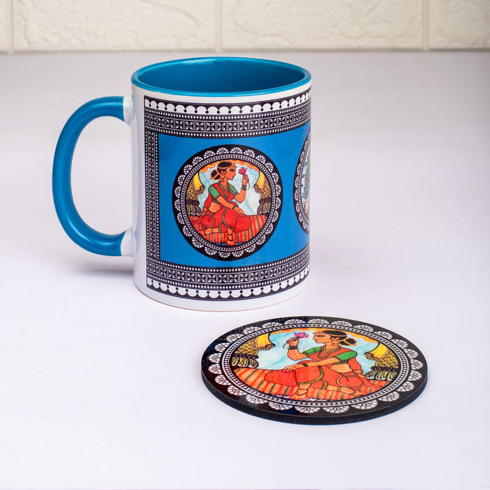 Ceramic Paripatra Pattachitra Mug with Coaster - Blue