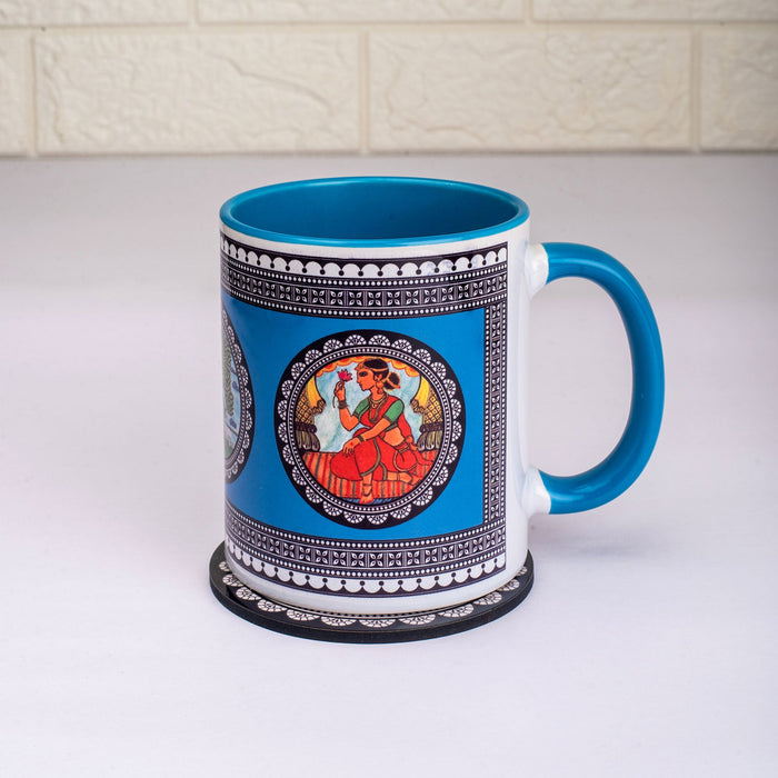 Ceramic Paripatra Pattachitra Mug with Coaster - Blue