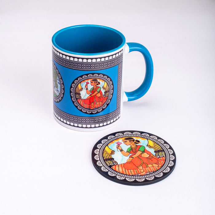 Ceramic Paripatra Pattachitra Mug with Coaster - Blue