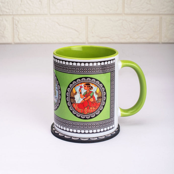 Ceramic Paripatra Pattachitra Mug with Coaster - Green