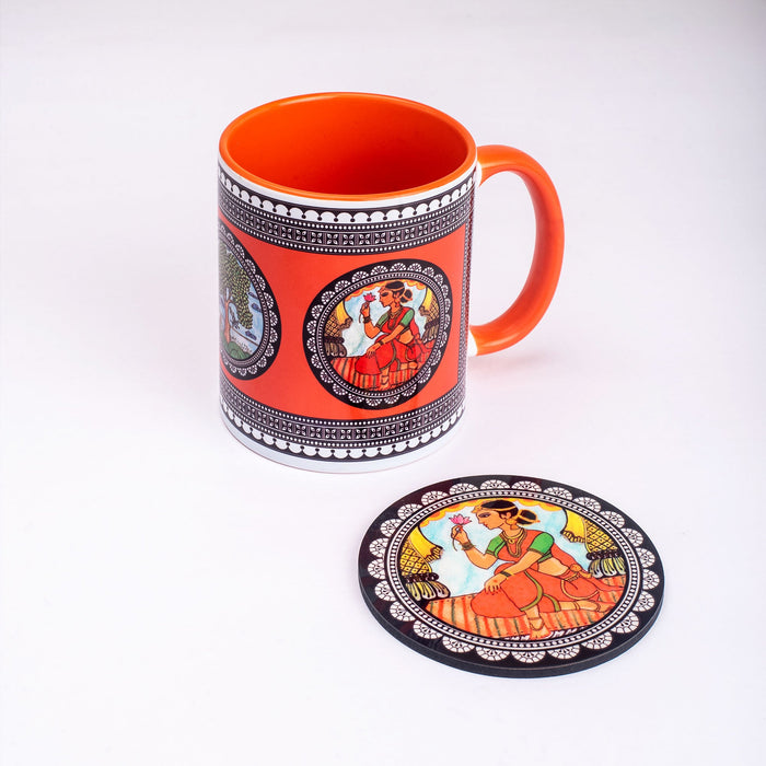 Ceramic Paripatra Pattachitra Mug with Coaster - Orange