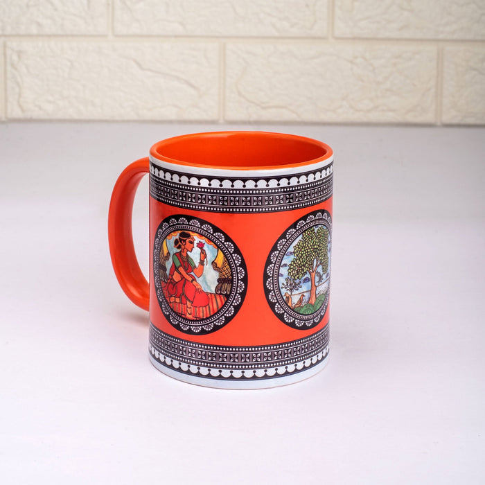 Ceramic Paripatra Pattachitra Mug with Coaster - Orange