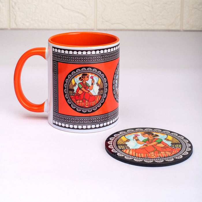 Ceramic Paripatra Pattachitra Mug with Coaster - Orange