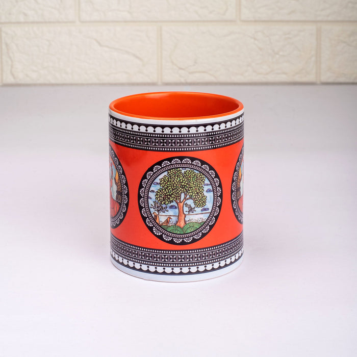 Ceramic Paripatra Pattachitra Mug with Coaster - Orange