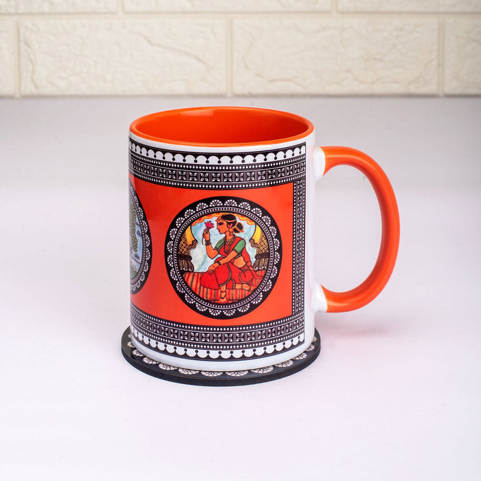 Ceramic Paripatra Pattachitra Mug with Coaster - Orange