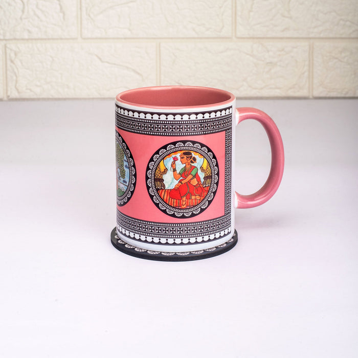 Ceramic Paripatra Pattachitra Mug with Coaster - Pink