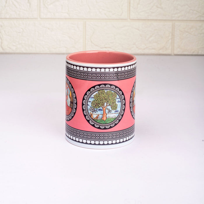 Ceramic Paripatra Pattachitra Mug with Coaster - Pink