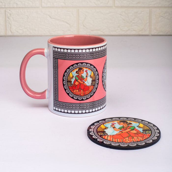 Ceramic Paripatra Pattachitra Mug with Coaster - Pink