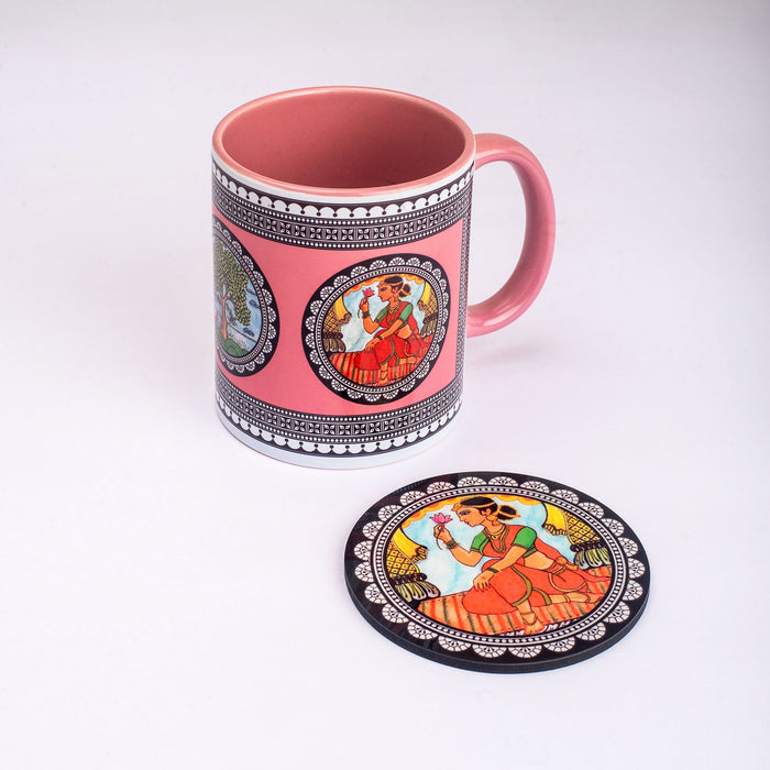 Ceramic Paripatra Pattachitra Mug with Coaster - Pink