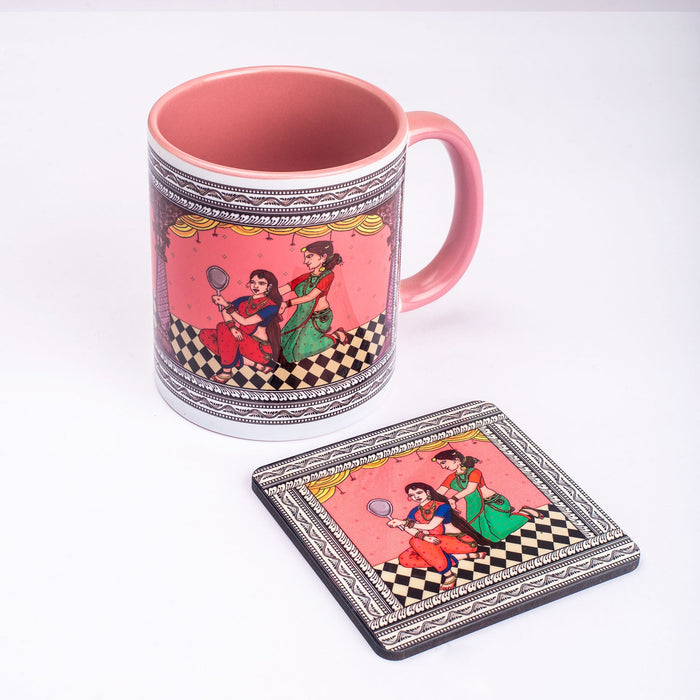 Ceramic Shringaar Pattachitra Mug with Coaster - Pink