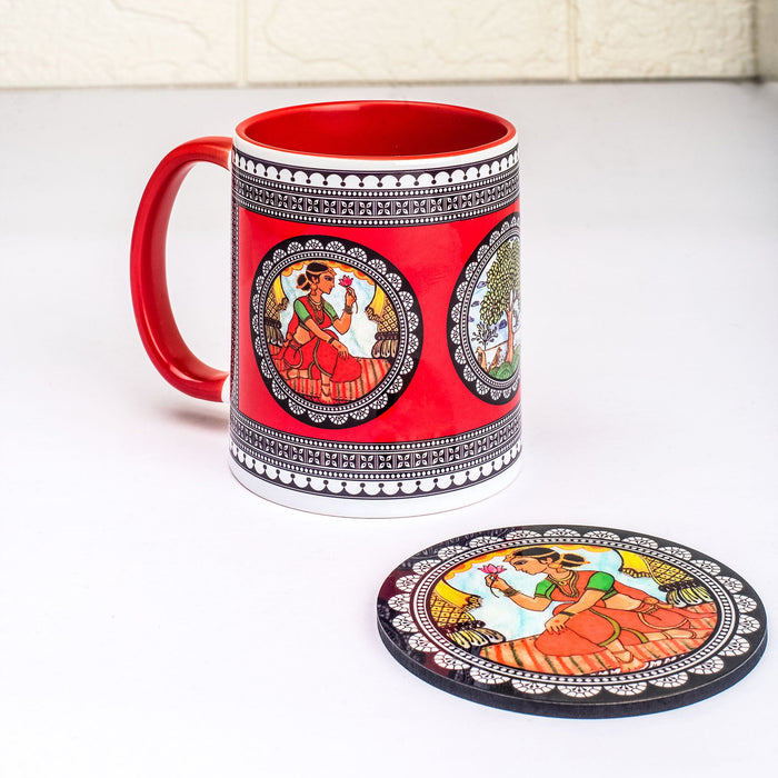 Ceramic Paripatra Pattachitra Mug with Coaster - Red