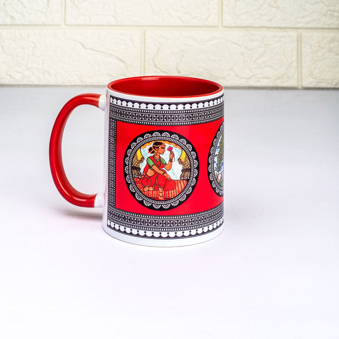 Ceramic Paripatra Pattachitra Mug with Coaster - Red