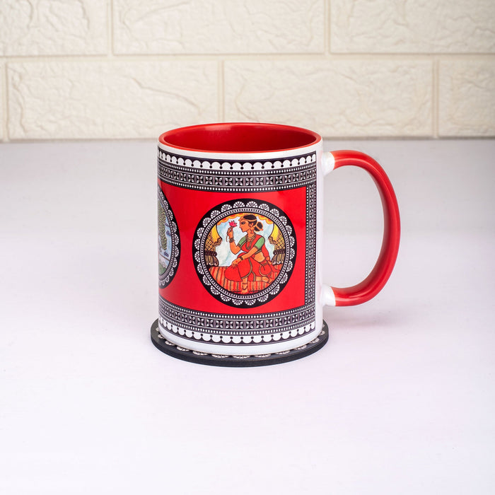 Ceramic Paripatra Pattachitra Mug with Coaster - Red