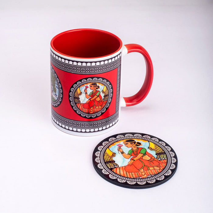 Ceramic Paripatra Pattachitra Mug with Coaster - Red