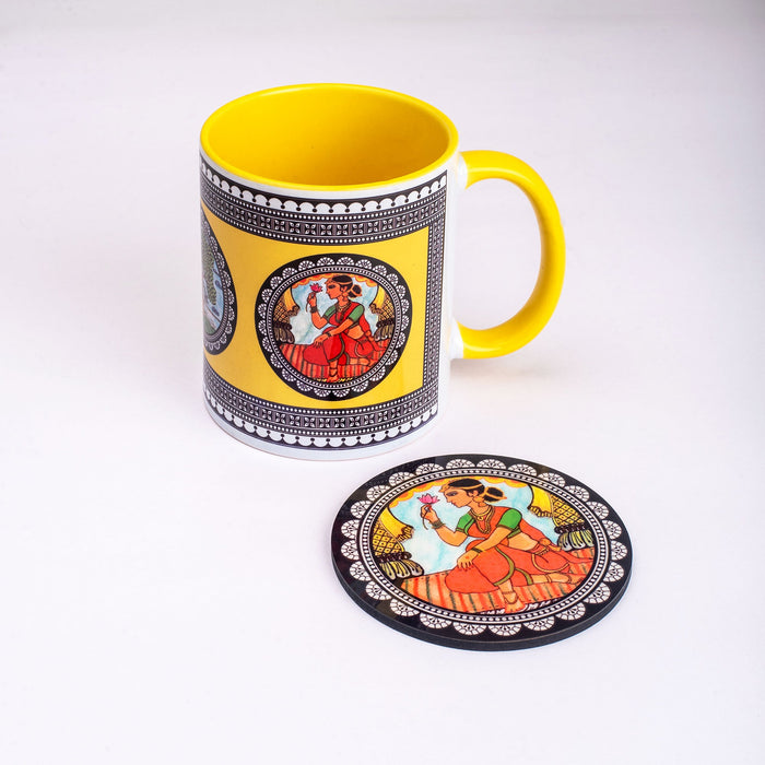 Ceramic Paripatra Pattachitra Mug with Coaster - Yellow