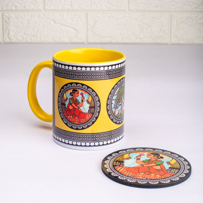 Ceramic Paripatra Pattachitra Mug with Coaster - Yellow