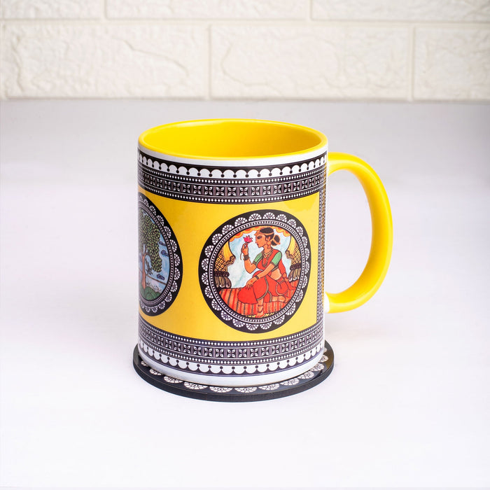 Ceramic Paripatra Pattachitra Mug with Coaster - Yellow