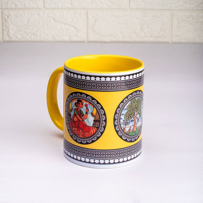 Ceramic Paripatra Pattachitra Mug with Coaster - Yellow