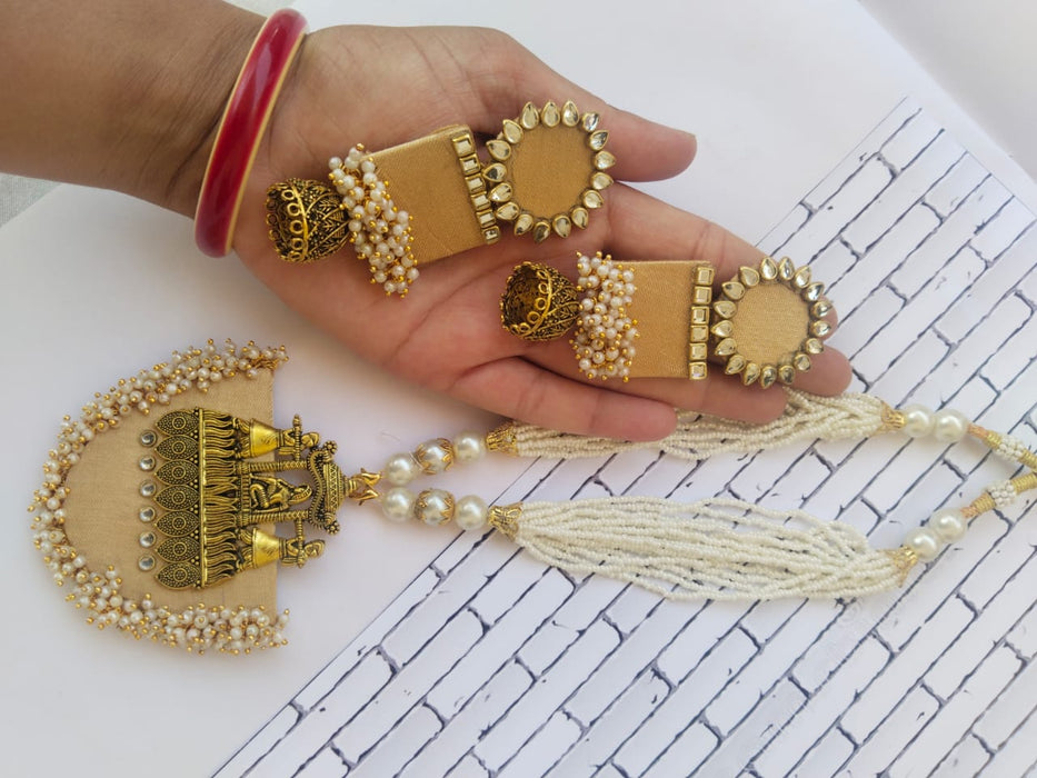 Pastel Yellow Beige And Golden Beads Necklace Earrings Set