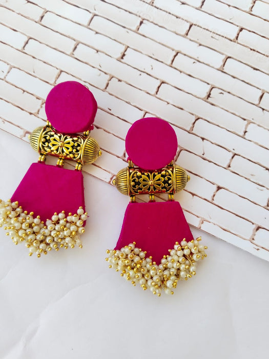 Pink And Golden Beaded Long Jhumka Earrings