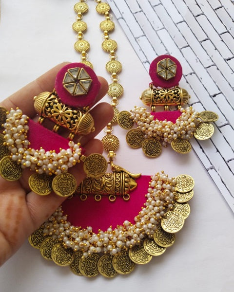 Pink And Golden Coin Traditional Necklace Earrings Set