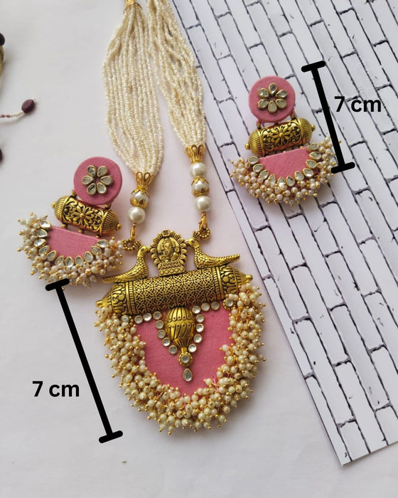 Baby Pink And Golden Necklace And Earrings Fabric Set