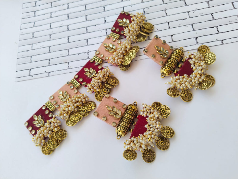 Pink And Maroon Coin Heavy Choker Set With Earrings